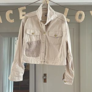 Triarchy Ms. Cali Cargo Jacket Off-white denim boxy oversized Large Rhinestones